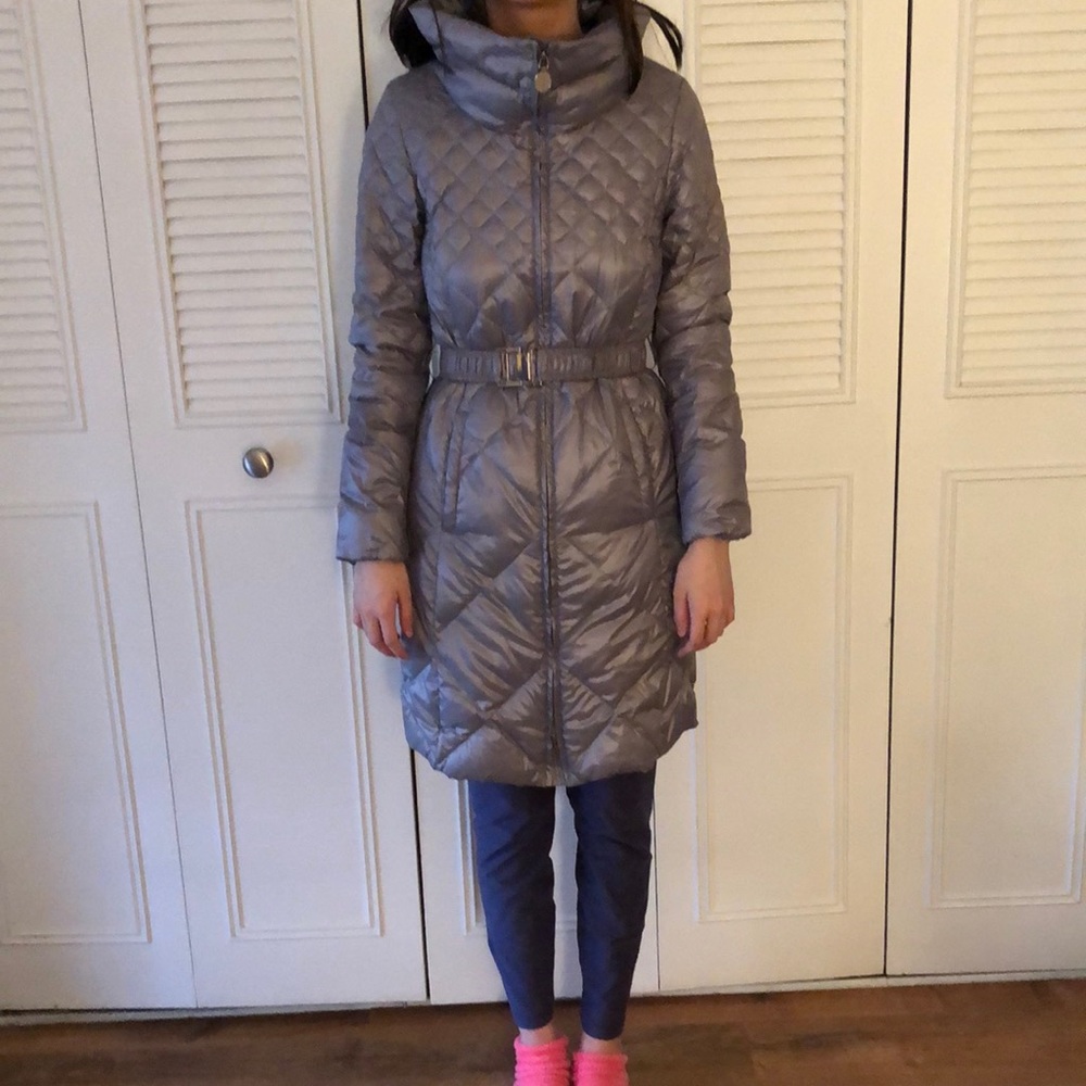 Tahari Light Long Gray Metallic Puffer Coat